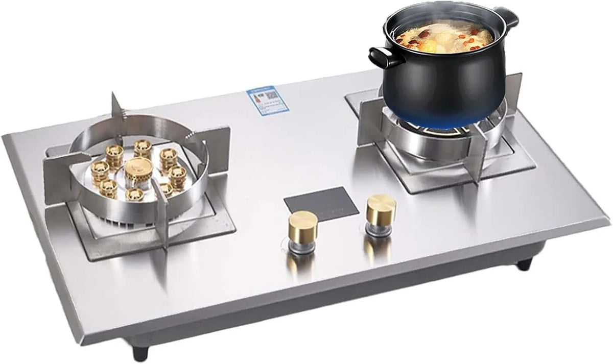 Piano cottura a gas, 2 fuochi, portatile, acciaio inox, fornello a gas, THEGA Fornello da Campeggio, LPG, Fornello da Cucina Regolabile con Controllo