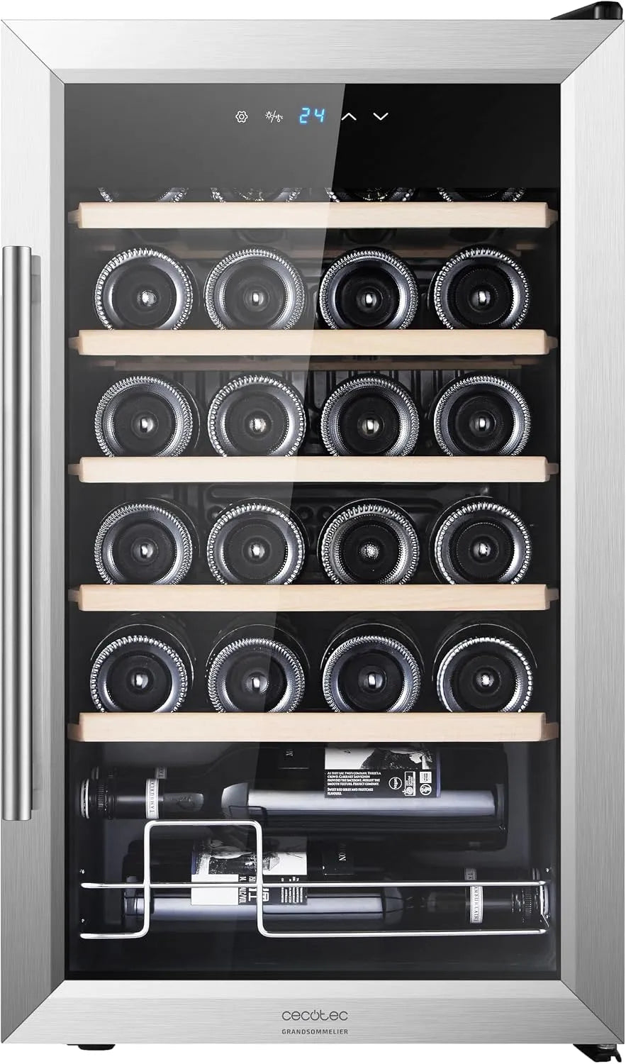 Cecotec Bolero GrandSommelier 2450 Frigorifero, 24 bottiglie, 5 a 18 °C, 2 zone di temperatura, acciaio inox, alte prestazioni, funzionamento