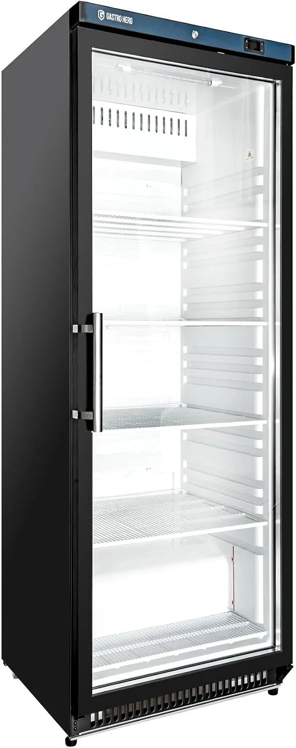 Frigorifero R600a, 336 L, professionale, vetro, nero, 336 litri, da 2 a +8 °C, frigorifero commerciale con illuminazione a LED, raffreddamento ad aria