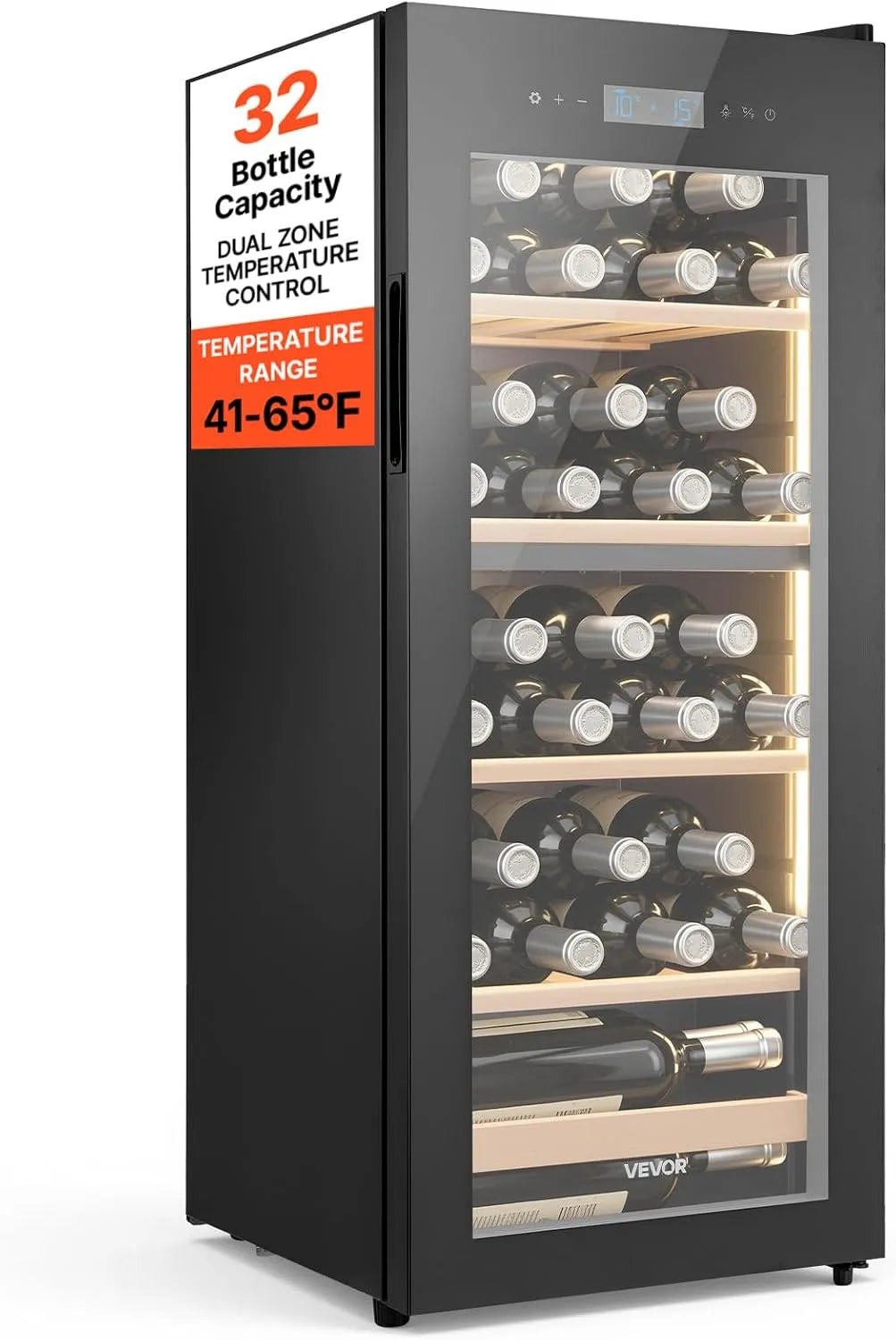 VEVOR Cantinetta vino, 32 bottiglie, 5 a 18 °C, 2 zone di temperatura, vetro, Bar Ufficio Casa Raffreddamento ad Aria, Cantina Vino Capienza 32