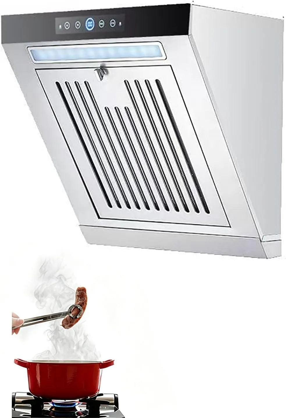Cappa aspirante, cappa da cucina, montaggio a parete, touch, grigio, Aspirazione da 19 M3/min, Filtro Antigrasso A Doppio Strato