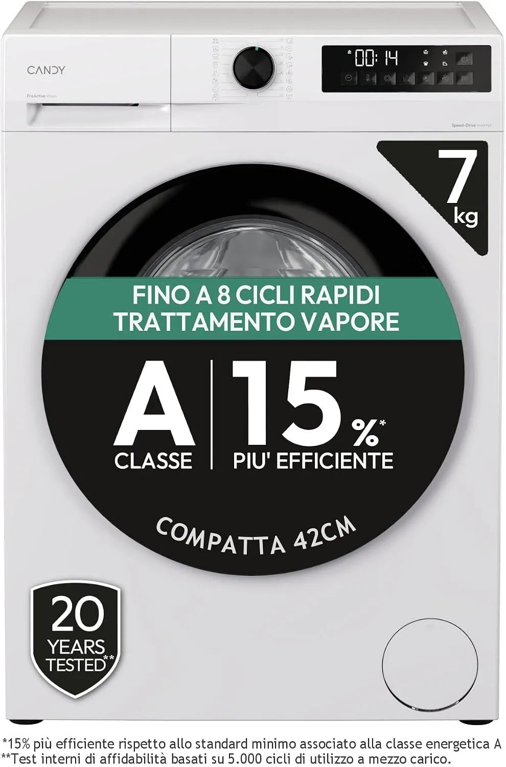 Candy Lavatrice, 7 kg, classe energetica A, stretto, bianco, 1200 Giri, Classe A-15%, Bianca