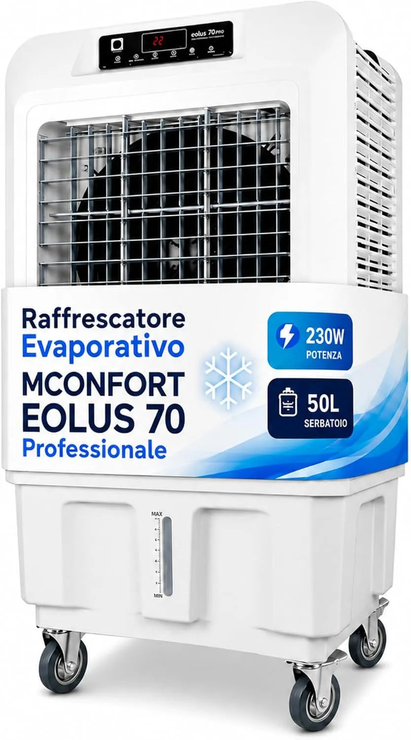 Prodotto Climatizzatore evaporativo professionale, VONALA EOLUS 70, Refrigeratore d'aria portatile, serbatoio 50 l, 230 W, portata 7000 m3/h