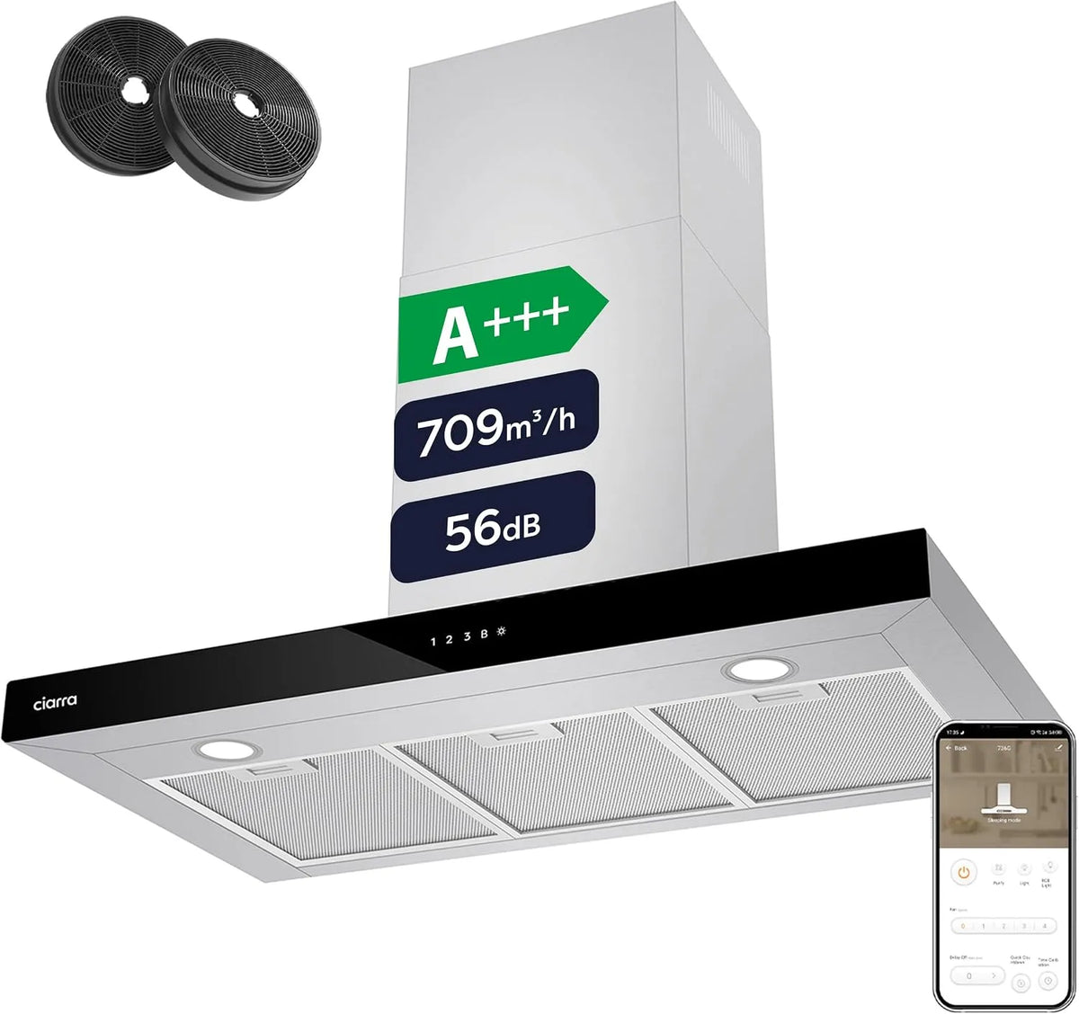 CIARRA CBCS9102 Cappa aspirante, 90 cm, 709 m3/h, 61 dB, classe energetica A, cappa da cucina, Wi-Fi, h WiFi 61dB