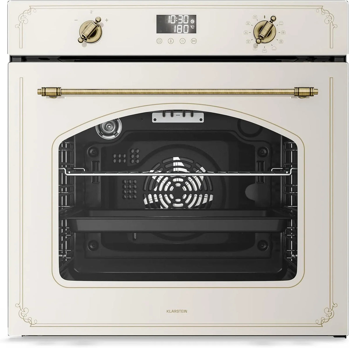 Klarstein Forno elettrico, 60 cm, 76 L, 11 programmi, classe energetica A, da incasso, 11 Funzioni, Pirolitico, Design Retrò, Pulizia Facile, Manopole