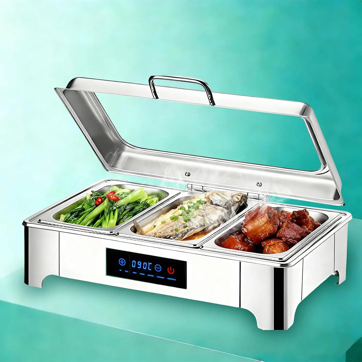 Scaldavivande da buffet, 9 L, 3 Pan, Chafing Dish Elettrico 9L Temperatura Regolabile
