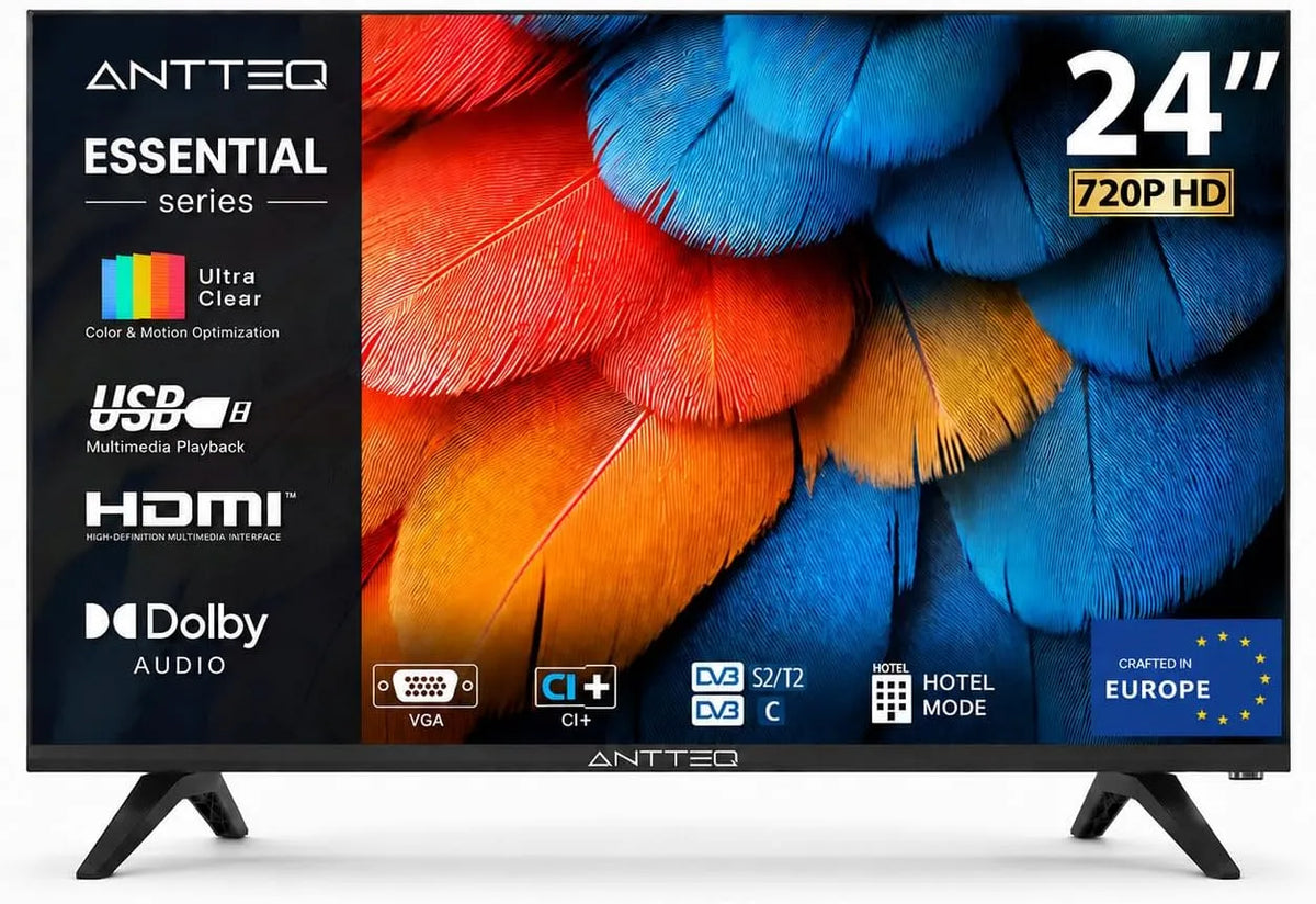 Smart TV, 24 pollici, classe energetica E, televisore, Antteq AE24H5-Q1, triplo tuner DVB-T2, S2, audio Dolby, HDMI, USB, Hotel Modus 2026, VGA