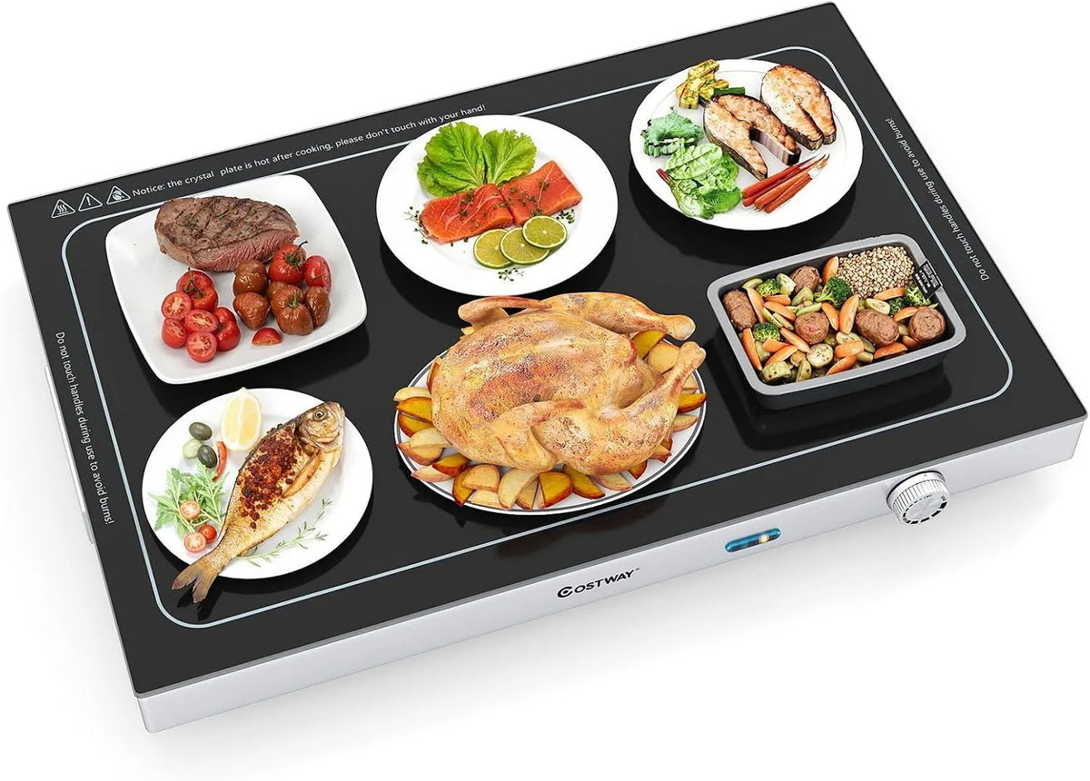 Prodotto con Temperatura Regolabile, COSTWAY Vassoio Riscaldante Elettrico, Scaldavivande in Vetro Temperato con Termostato per Buffet, Feste ed