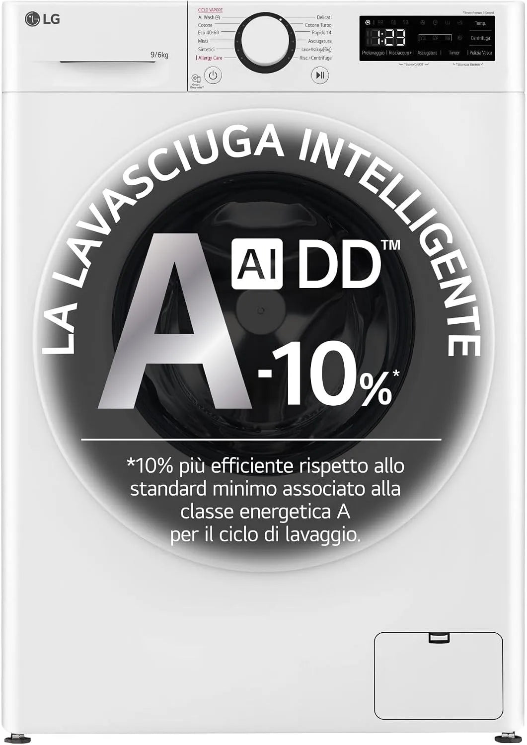 LG D4R3009NSWW Lavasciuga, 6 kg, classe energetica A, lavatrice, asciugatrice, vapore, Inverter, bianco, 1400 giri, 6kg, Serie R3, Eco Hybrid