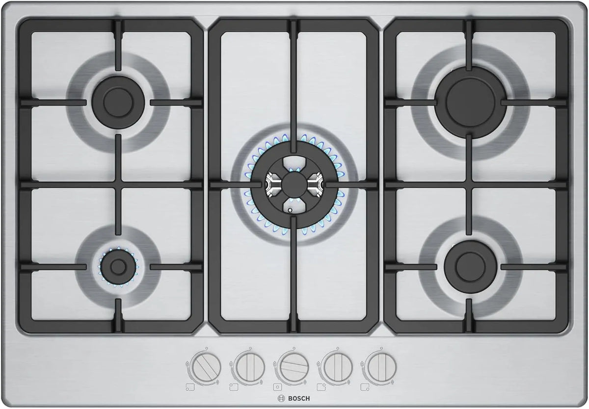 Bosch Serie 4 PGQ7B5K90 Piano cottura a gas, 75 cm, acciaio inox, fornello a gas