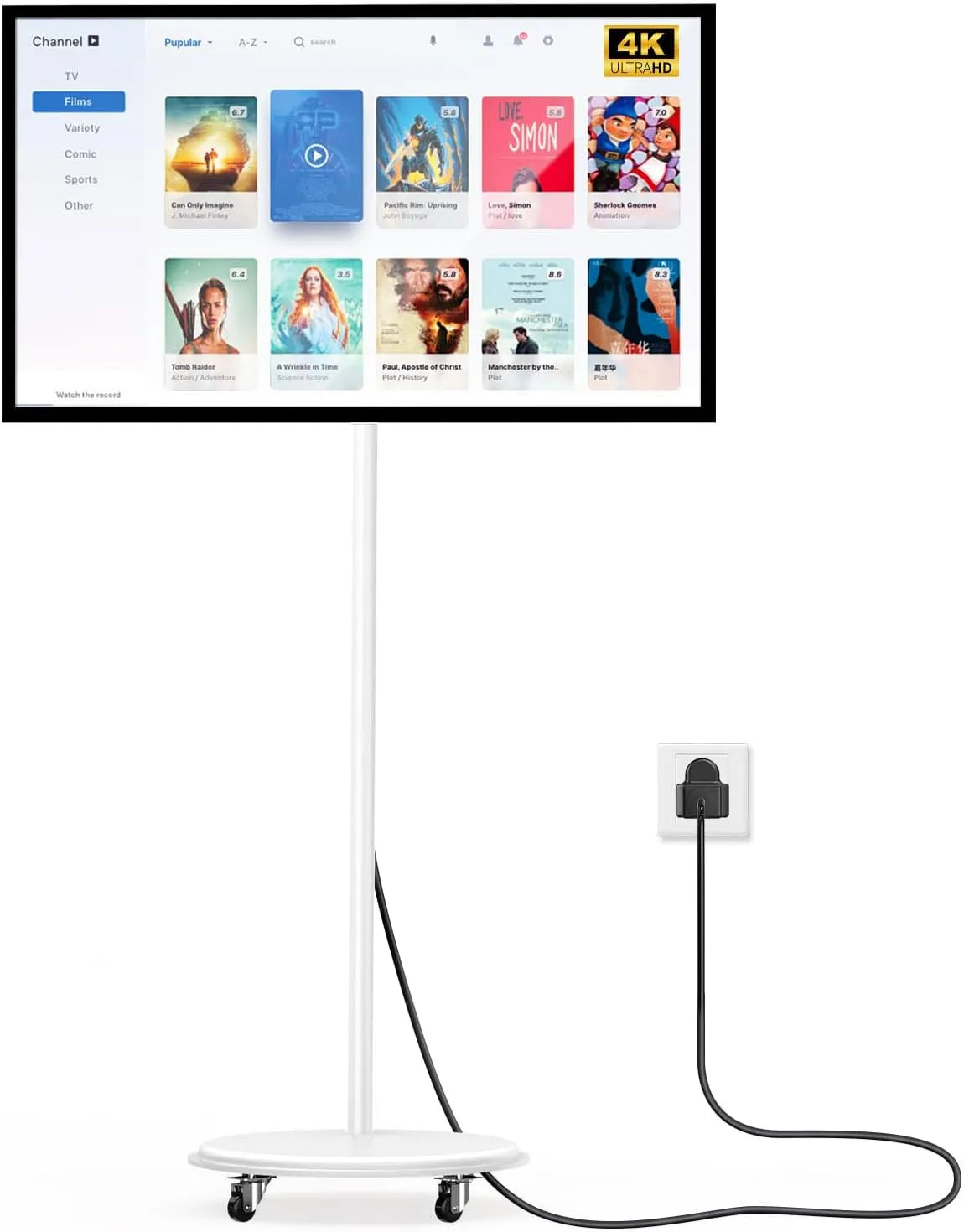 Smart TV, 43 pollici, televisore, 4K UHD, HDMI, USB, portatile, ruote di trasporto, touch, Android OS, Porte Type-C, USB/HDMI, Alimentazione Cablata