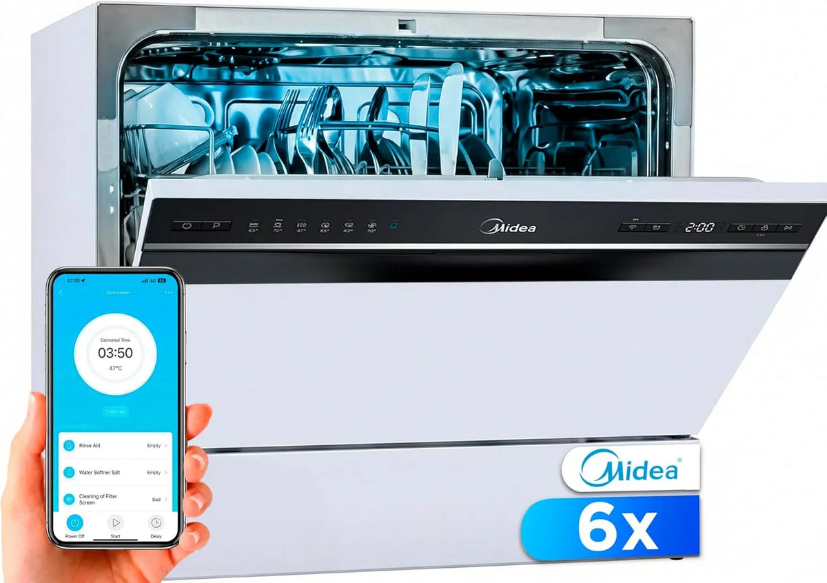 Lavastoviglie, 55 cm, 6 programmi, 49 dB, portatile, app, bianco, Midea Lavastoviglie piccola bianca 55 cm per 6 servizi - Lavastoviglie compatta e