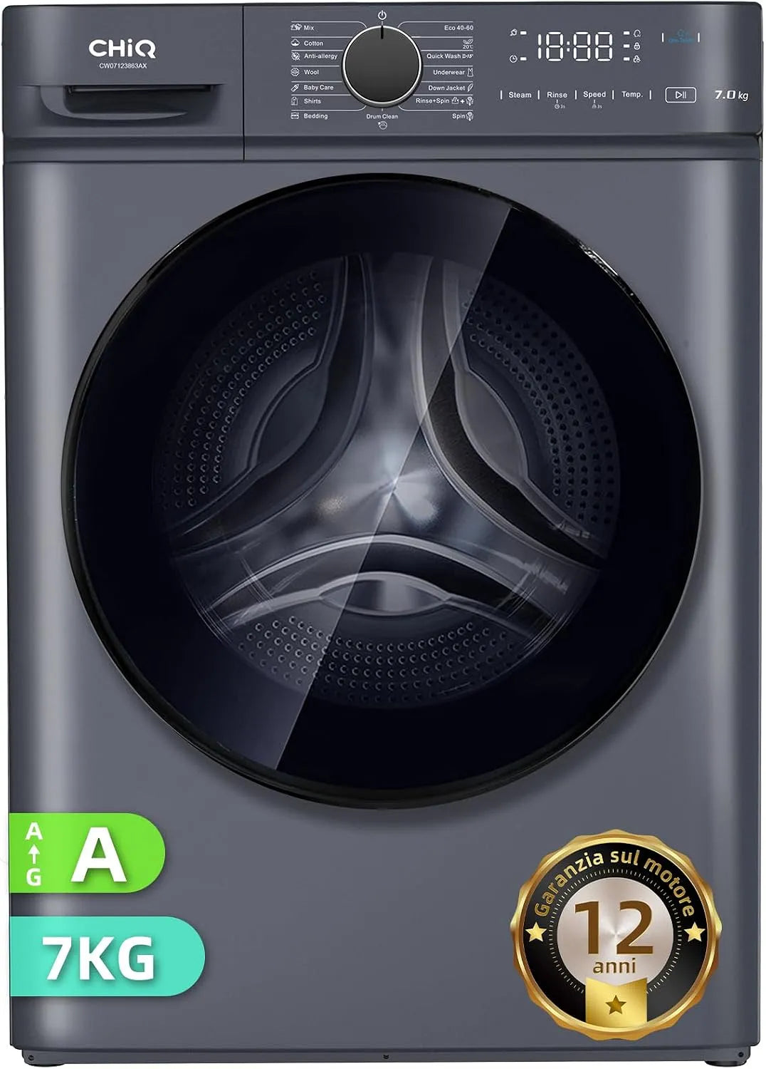 Lavatrice, 60x46, 5x85cm, 15 programmi, 7 kg, classe energetica A, CHiQ CW07123863AX, vapore, stretto, grigio, Motore BLDC 1200 RPM, Design compatto