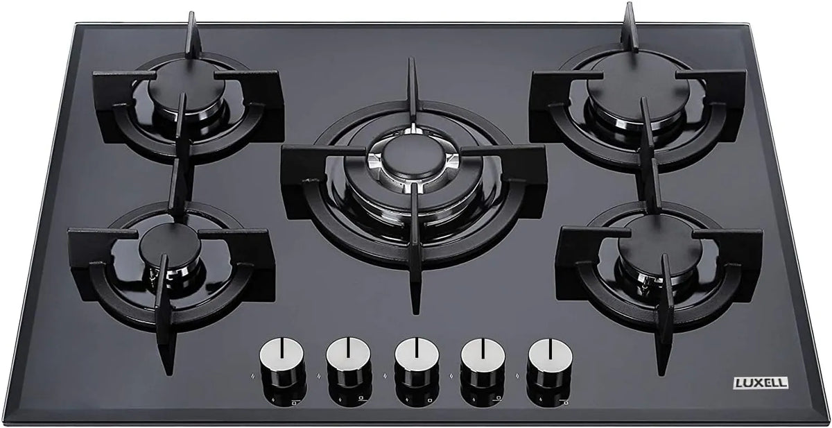 Piano cottura a gas, 75 cm, 5 fuochi, 3500 W, ghisa, fornello a gas, nero, Bruciatore Wok 3500W, Metano e GPL, Accensione Automatica