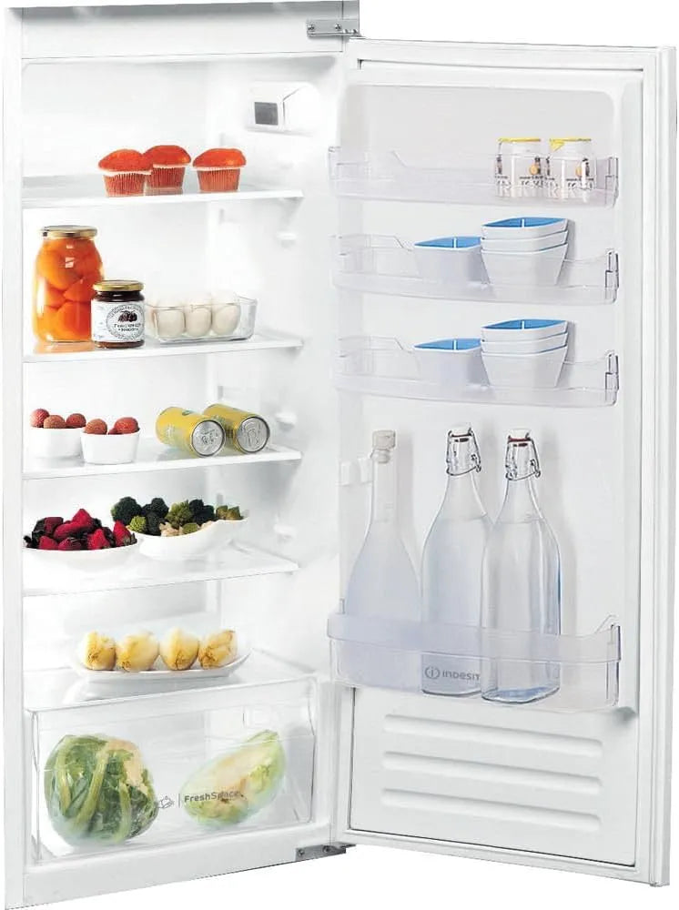 Frigorifero 54Lx122Hx54.5P, 209 L, classe energetica E, da incasso, acciaio inox, 5 Ripiani Vetro, INDESIT S 12 A1 D, I 2, 4 Regolabili e Balconcino
