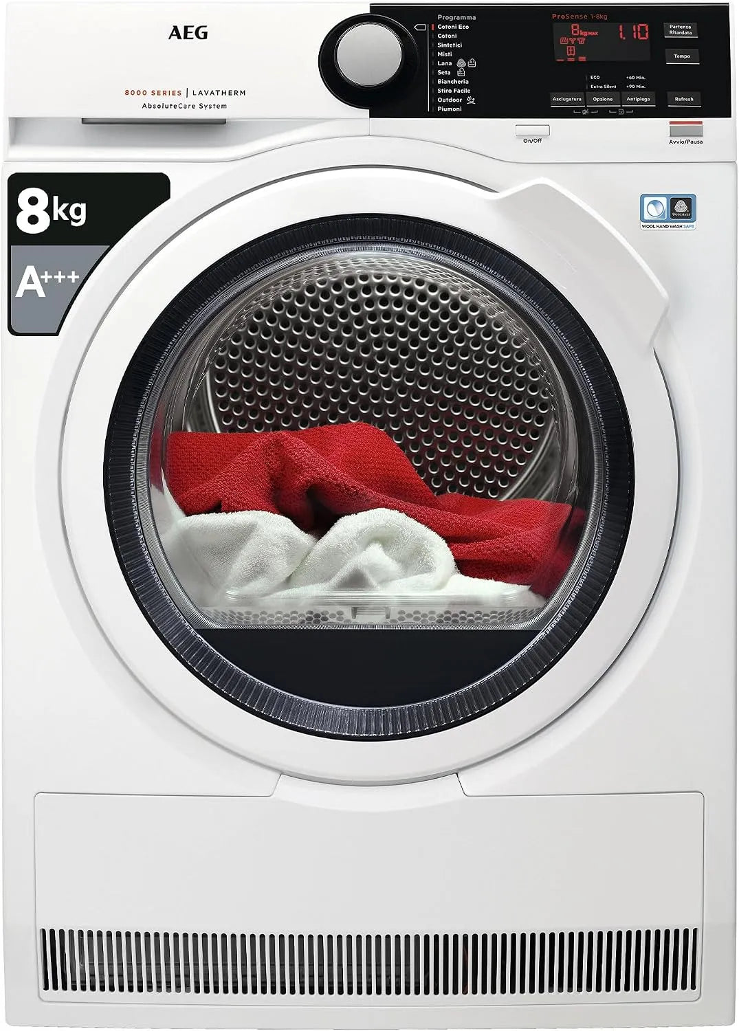 AEG T8DBE851 Asciugatrice, 8 kg, bianco, Condensazione con Pompa di Calore, AEG T8DBE851 Asciugatrice ProTex Optisense