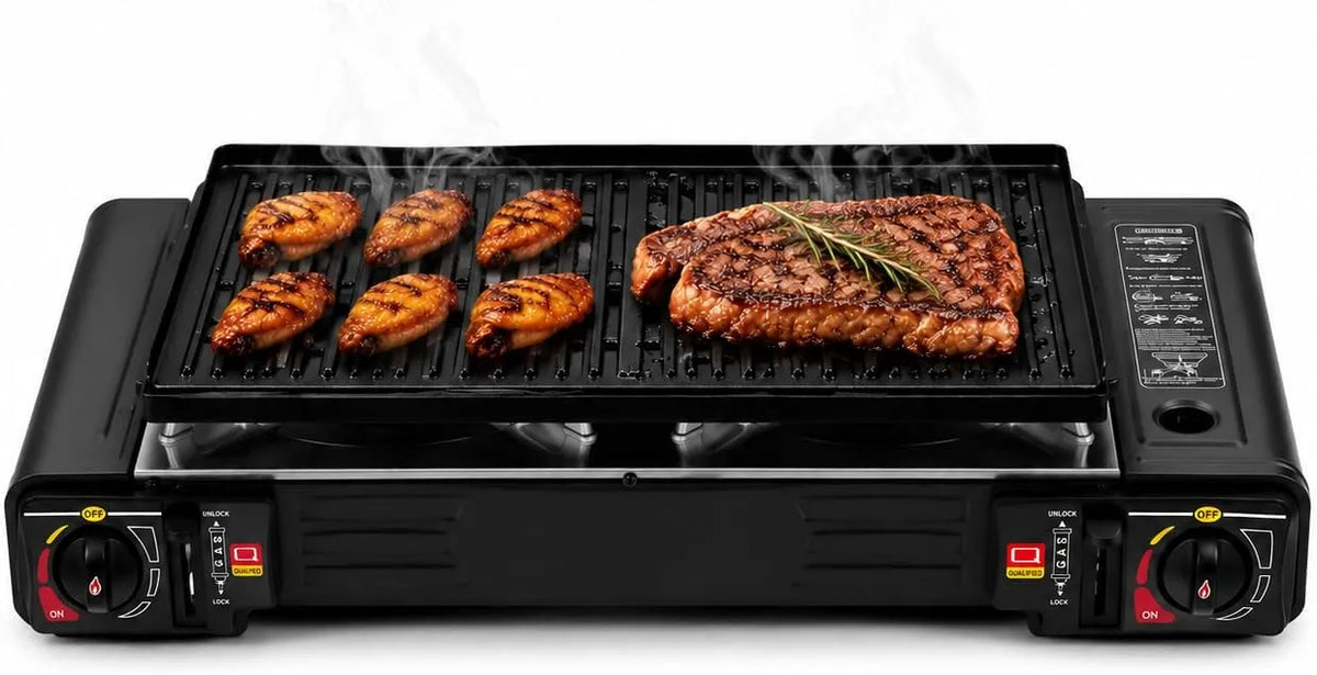 Pentola e padella, 2500 W, Fornello a gas a 2 luci, 2 in 1, con una spaziosa padella e doppi pulsanti di controllo, accensione piezoelettrica