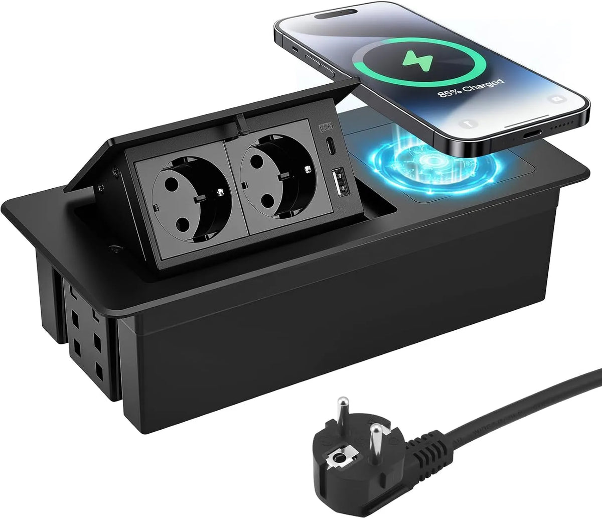 Prodotto da scrivania, Ciabatta elettrica a scomparsa, con USB e induzione, presa da tavolo a scomparsa con apertura morbida, 8 m, in alluminio