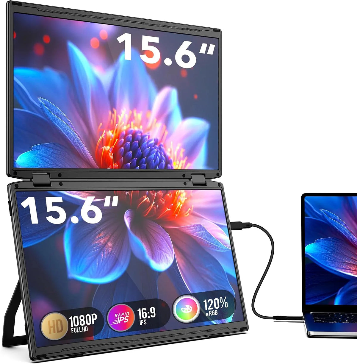 Monitor 1080P, 15, 6 pollici, portatile, Full HD, pannello IPS, schermo PC, rotazione a 360°, VESA, compatibile con Windows, Mac, DeX, Chrome e PC