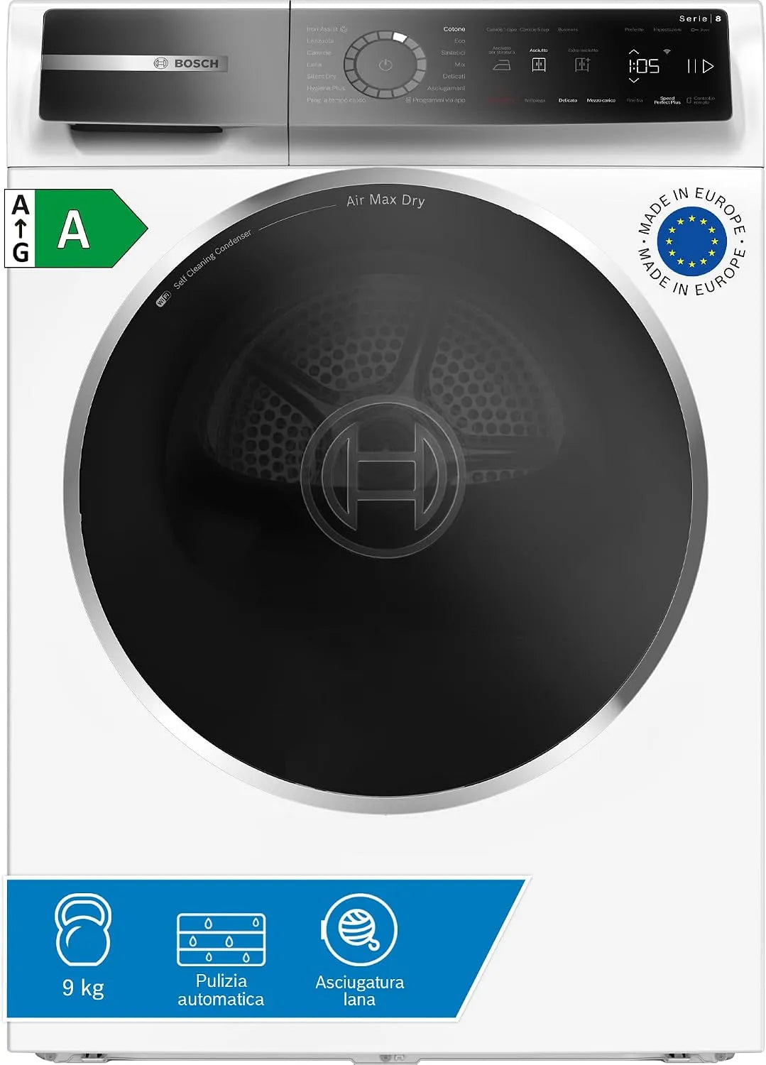 Bosch Serie 8 WRB247C0IT Asciugatrice, 9 kg, classe energetica A, bianco, Bosch WRB247C0IT Serie 8 Asciugatrice a pompa di calore 9kg Bianco Classe A