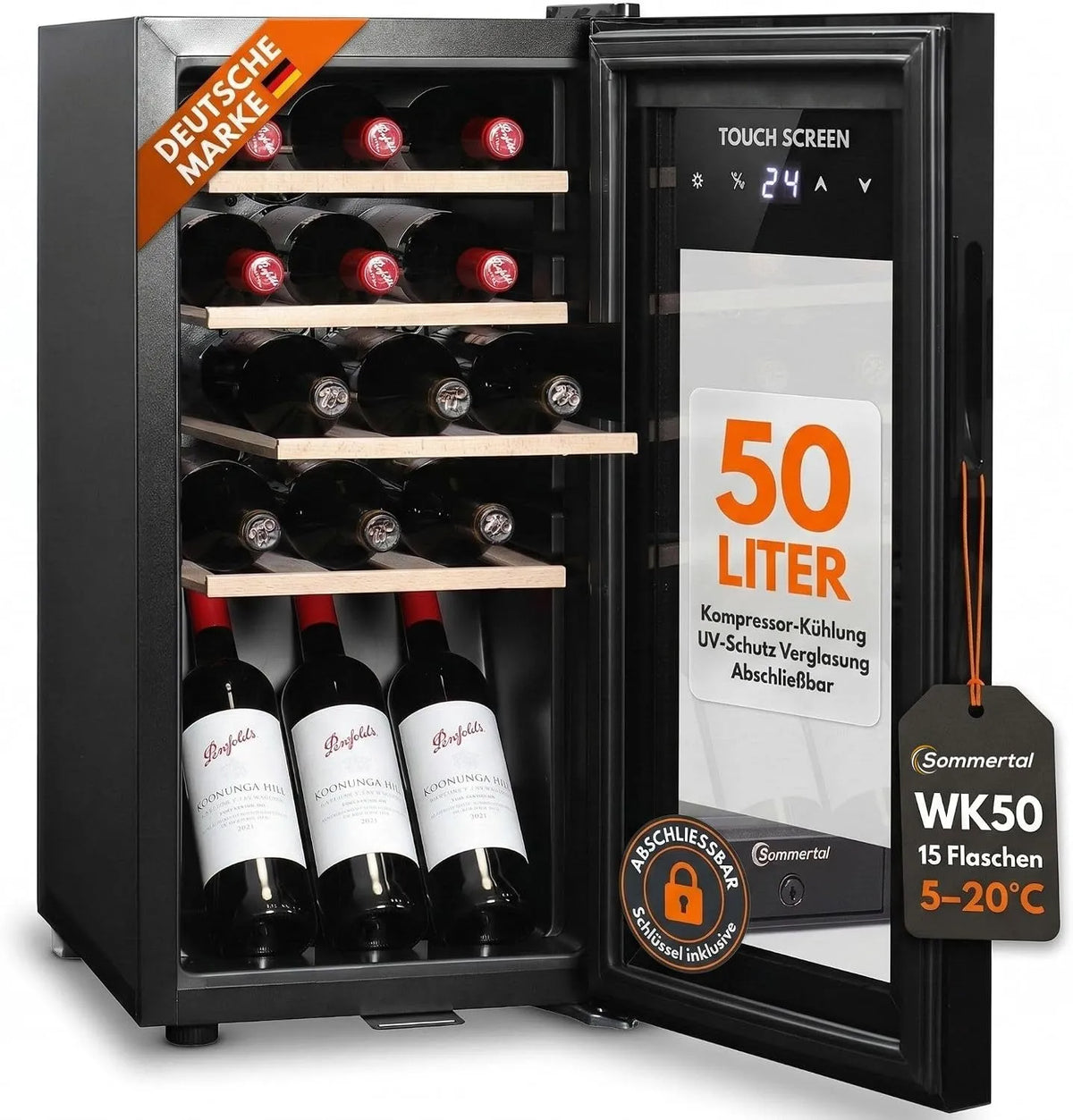 Frigorifero WK50, 15 bottiglie, 5 a 20 °C, touch, vetro, illuminazione a LED, 4 ripiani in legno, touchscreen, Sommertal Frigorifero per vino con