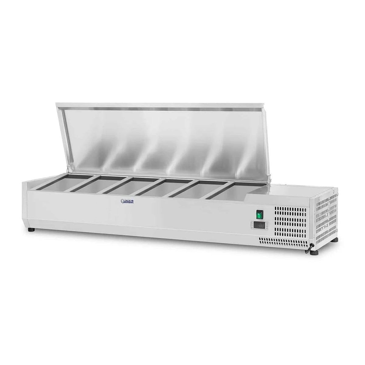 Vetrina refrigerata RCKV-140/33-6S R600a, 140 x 33 cm, 40 L, 110 W, 2 a 10 °C, ristorazione, acciaio inox, 6 x contenitori GN 1, Termostato