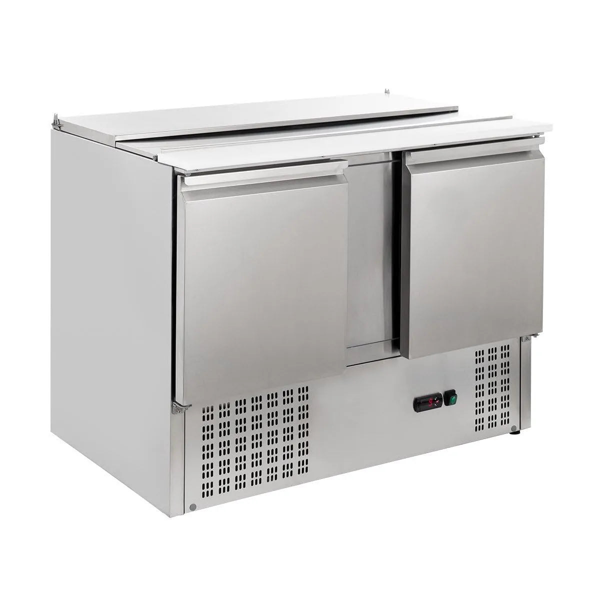 Prodotto 302 litri, GastroHero Saladette Eco 1045 con raffreddamento, 2 ante in acciaio inox, 2 ripiani, ingresso contenitore GN, basso consumo