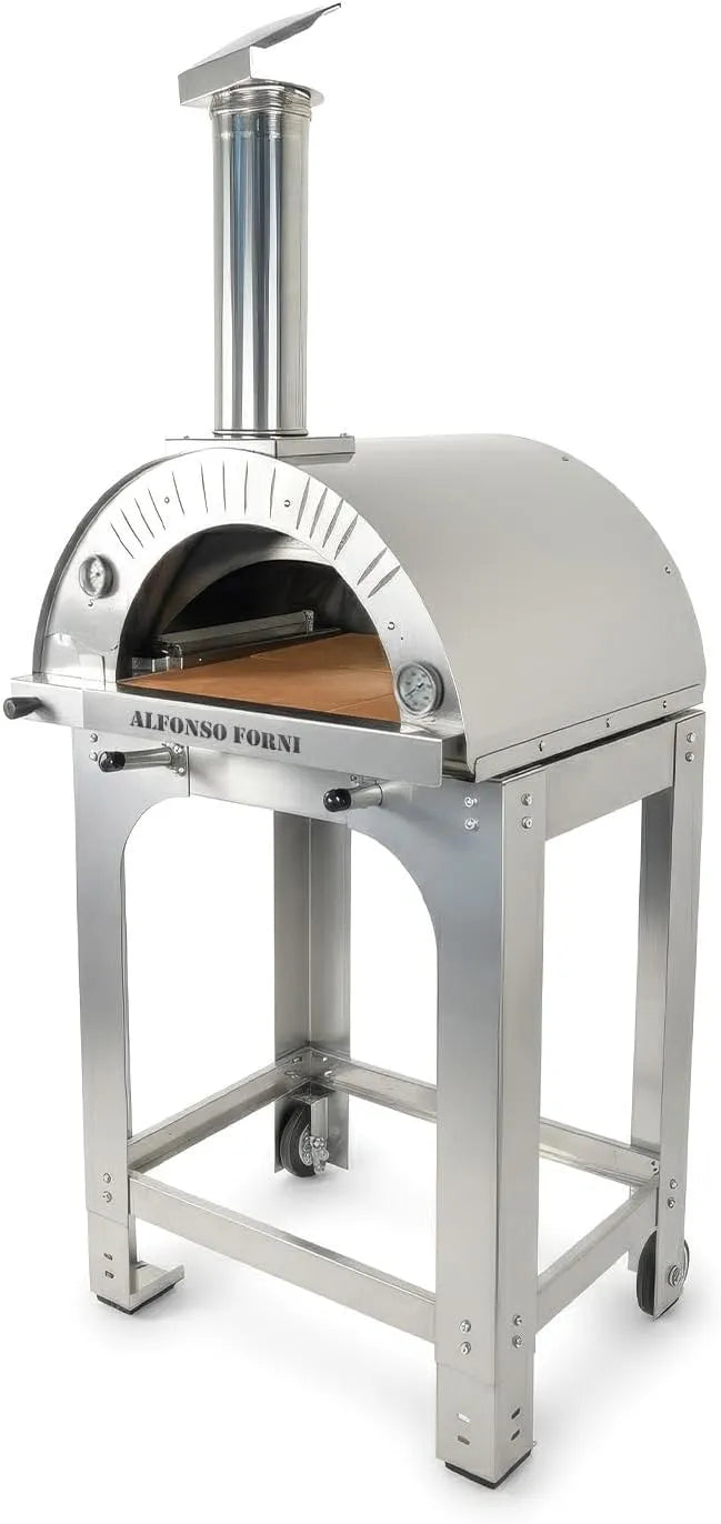 Forno elettrico per pizza, acciaio inox, pietra refrattaria 3cm, 500 gradi, Forno pizza ibrido a gas e legna 2 pizze con tetto e carrello in acciaio